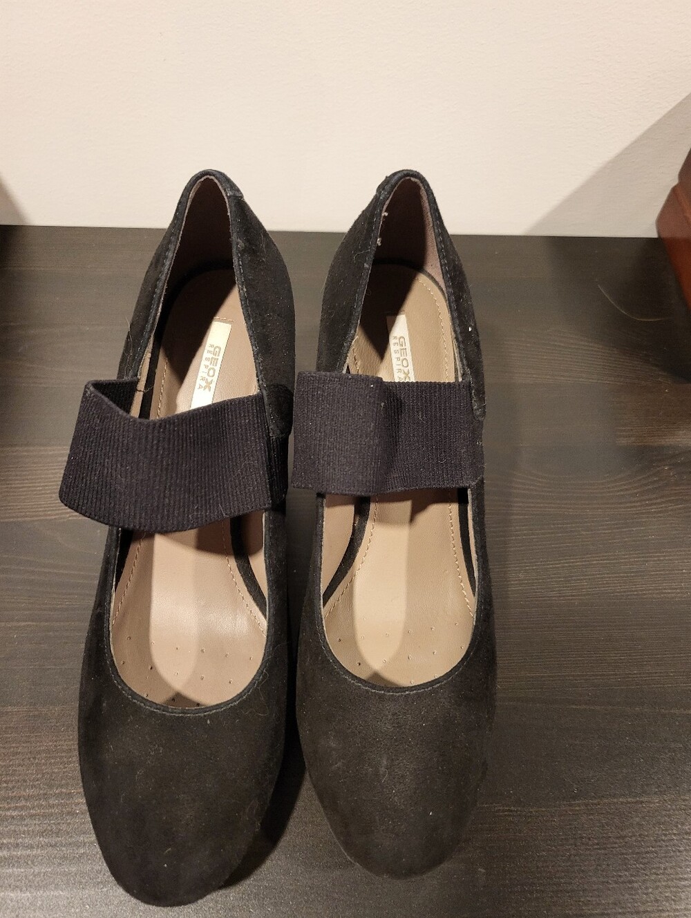Geox Black Suede Mary Jane Heels with Elastic Strap